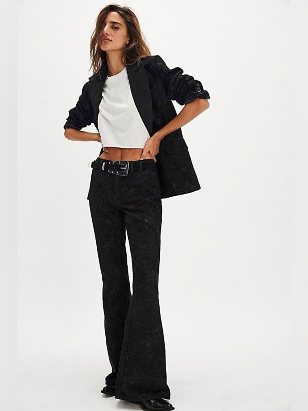 NWOT We the Free People Zoe Tux Floral Velvet Jacquard Black Flared Pants Sz 6